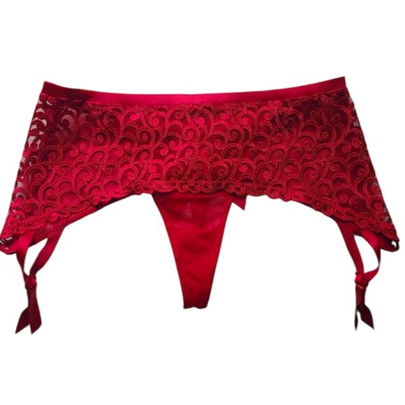 Victoria's Secret Vintage Y2k Garter Belt Thong Panty Red Mesh Lace Bows Medium - Picture 1 of 9